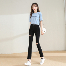 批发5169#实拍 毛边小直筒<b class='q'>破洞</b>八分九分长裤春夏薄款<b class='q'>打底裤</b>拉链高腰裤