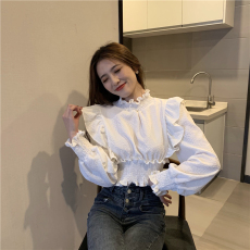 批发实拍实价 新款高端洋气显瘦荷叶边短款收腰减龄长袖上衣