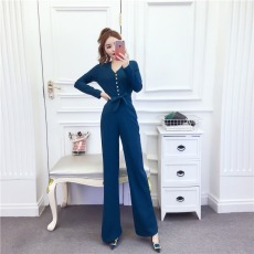 批发实拍2026春时尚网红气质单排扣v领系带蝴蝶结<b class='q'>连体</b><b class='q'>裤</b><b class='q'>长裤</b>