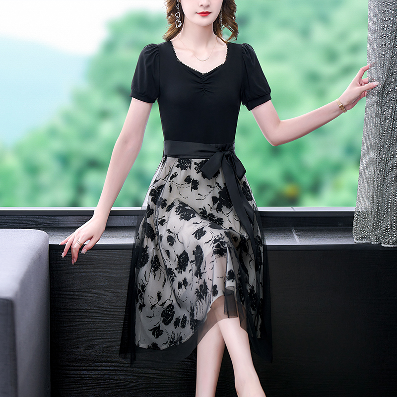MY491# 黑色短袖拼接假两件网纱连衣裙女夏季新款气质收腰女裝貨源服裝批發