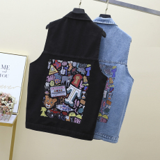 批发2022春夏新款时尚宽松<b class='q'>甜美</b>韩版BF印花大码无袖牛仔马甲女无袖潮外