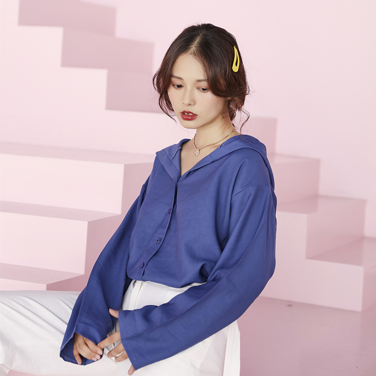 봄 가을 bi 준비하다 섹션 루즈핏 긴팔 싱글 줄 버튼 후드 셔츠 출퇴근 캐주얼 재킷 셔츠 더러운 분말 회색 블루