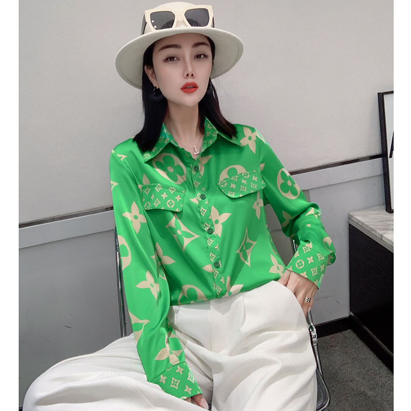 MY13882# 女裝貨源新款印花衬衫高品质时尚打底单穿单排扣长袖衬衣女女...