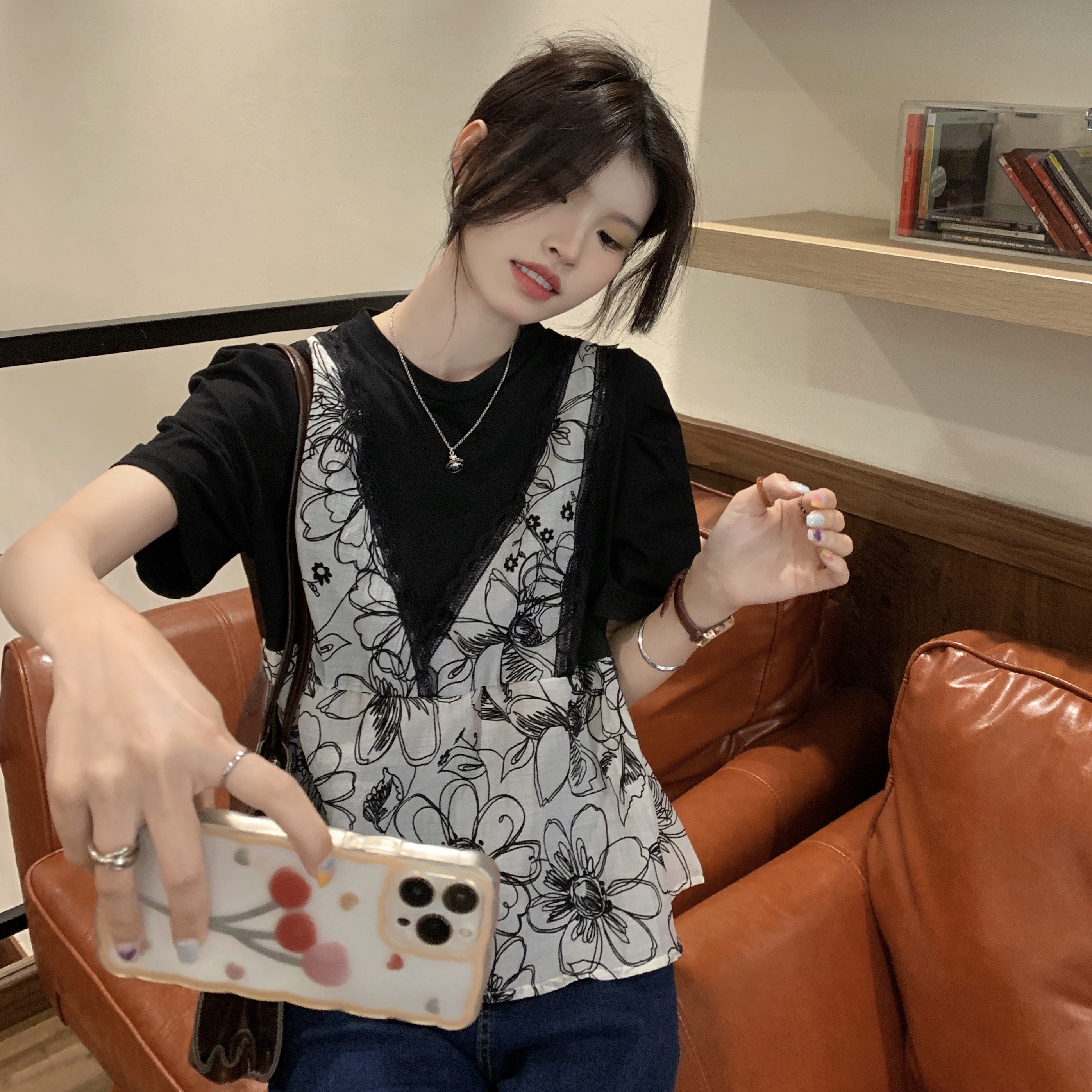MY9632#夏季宽松短袖设计感小众衬衣上衣假两件娃娃减龄衬衫女裝貨源服裝...