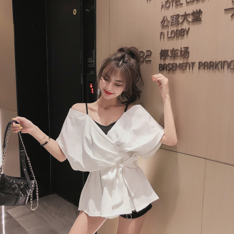 MY6479# 纯欲风小性感洋气气质蝴蝶结系带收腰蓬蓬吊带假两件上衣女裝貨源服裝批發
