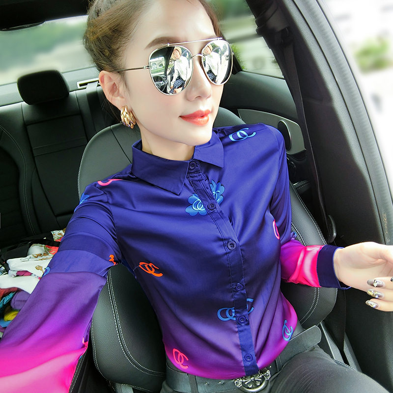 MY17003# 新款时尚印花衬衣长袖打底衫修身上衣衬衫女女裝貨源服裝批發