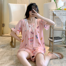 批发爱丽#夏季韩版新款短袖公主风坑条花边甜美<b class='q'>女</b>睡衣家居服<b class='q'>套装</b>直播