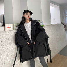 批发实拍实价~韩版宽松棉服<b class='q'>蝙蝠</b>袖连帽风衣收腰中长款工装外套裙女