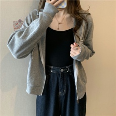 批发实拍6535棉华夫格卫衣女春秋薄款短款<b class='q'>长袖</b>连帽开衫上衣