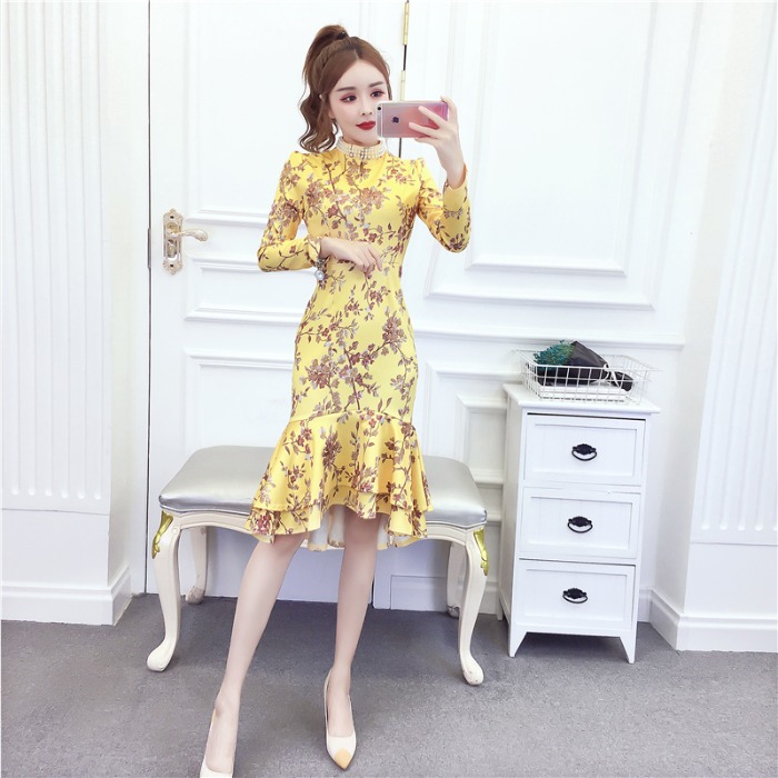 MY15025# 时尚气质显瘦洋气印花钉珠礼服长裙鱼尾连衣裙女裝貨源服裝批發