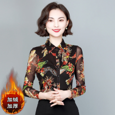 批发2025秋冬新款<b class='q'>妈妈装</b>加绒保暖女长袖宽松印衬衣打底衫
