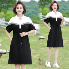 批发<b class='q'>夏</b>装新款2023大码宽松中长款连衣裙女显瘦收腰拼接撞色休闲气质裙