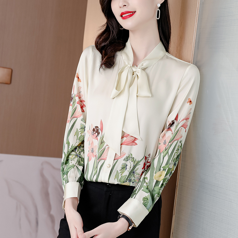 PF28698#长袖衬衫女时尚洋气系带通勤缎面气质印花上衣女裝貨源服裝批發