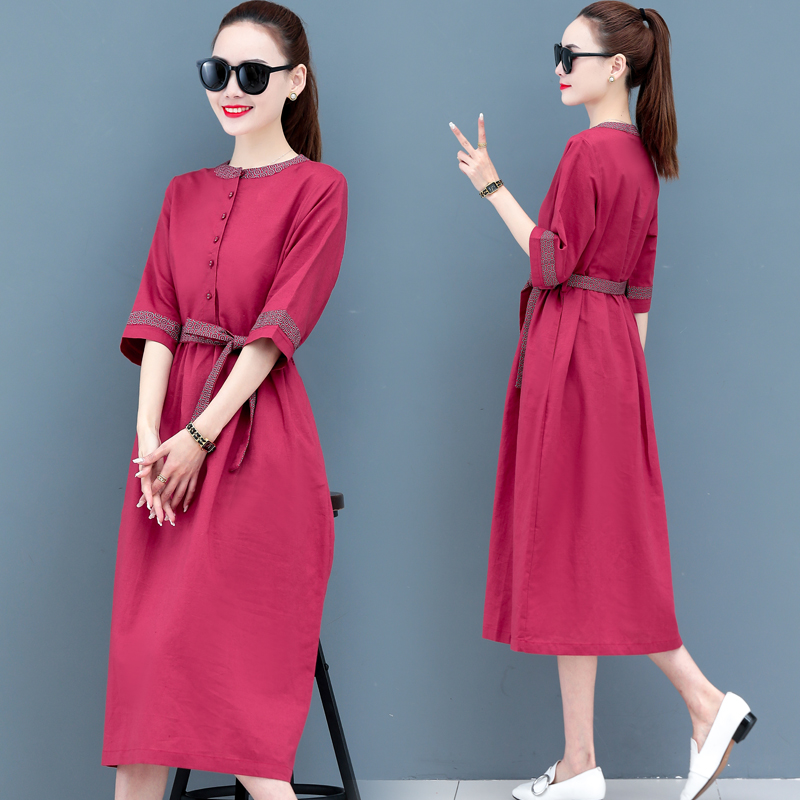 MY16787# 高端棉麻连衣裙夏天薄款新款夏收腰显瘦复古休闲红色亚麻长裙...
