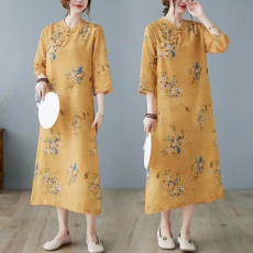 批发实拍印花棉麻<b class='q'>七分袖</b>旗袍裙宽松显瘦复古文艺黄色<b class='q'>连衣裙</b>女装