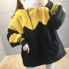 批发100%聚酯纤维韩版2026秋冬季拼色羊羔绒长袖加绒加厚卫衣女