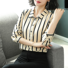 批发实拍长袖雪纺衫上衣春<b class='q'>秋</b>装新款女气质系带衬衫翻领条纹小衫打底衫