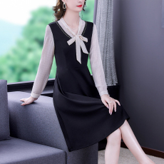 批发8850#2021年秋季新款法式裙子女长袖收腰假两件连衣裙设计感小众