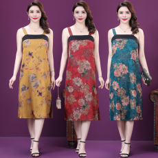 批发实拍仿香云纱印花女装吊带连衣裙质感高级中长款裙子