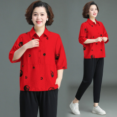 批发2024新款中老年<b class='q'>春</b>装纯棉麻衬衫女套装中年妈妈夏装短袖上衣两件套