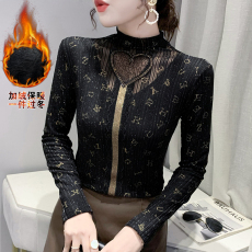 批发秋冬季加绒加厚高领网纱打底衫洋气花边烫钻小衫时尚保暖内搭t恤