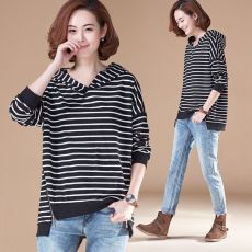 批发大码200斤长袖T恤胖MM宽松休闲连帽条纹<b class='q'>套头卫衣</b>外套<b class='q'>女</b>装早秋装