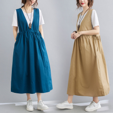 批发实拍中长款宽松大码文艺纯色无袖v领A字背心<b class='q'>连衣裙</b>女背带高腰春夏