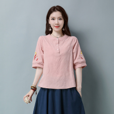 实拍有货 新款t恤女五分袖棉宽松大码提花面料休闲百搭圆领上衣夏