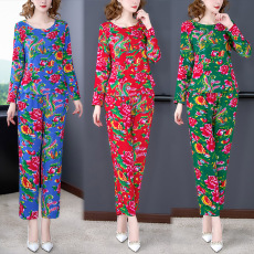 批发实拍<b class='q'>春</b>季新款棉绸东北大花宽松显瘦长袖上衣+长裤两件套女