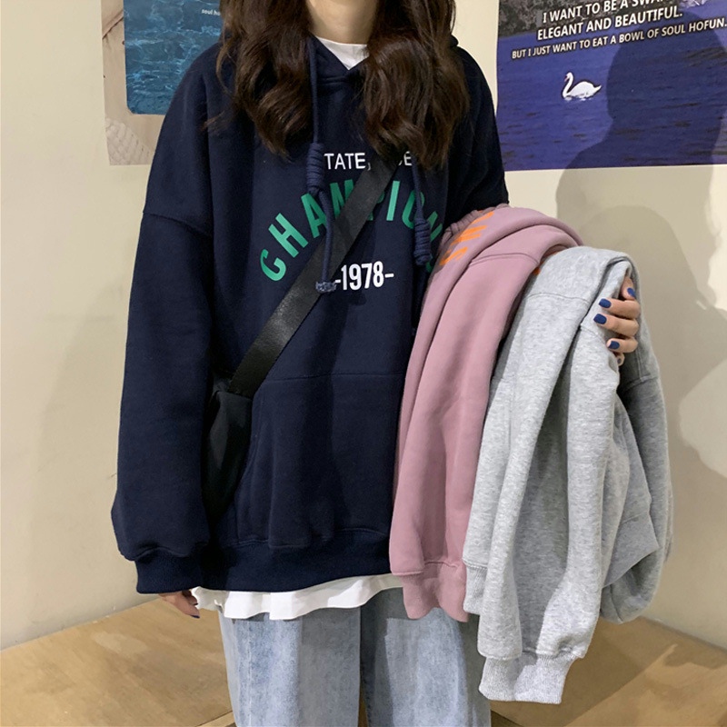 원본 대외 무역 털이 있는 후드 티 스웨터 여성 가을 새로운 한국 스타일 알파벳 학생 다용도 루즈핏 맨위 재킷