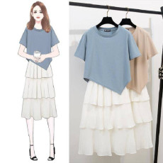 批发港味圆领短袖不规则T恤+甜美可爱俏皮雪纺半身百褶蛋糕裙两件套装