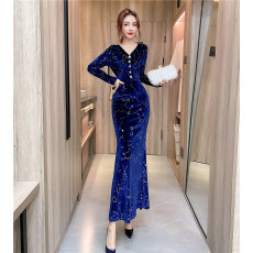 批发实拍2026春时尚气质印花金<b class='q'>丝绒</b>礼服长裙包臀<b class='q'>连衣裙</b>