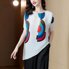批发三宅褶皱上衣2022夏季新款大码年轻妈妈装高弹力显瘦垂感印花<b class='q'>t</b><b class='q'>血</b>