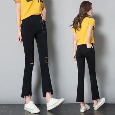 批发5508#实拍 不规则<b class='q'>破洞</b>微喇叭<b class='q'>打底裤</b>子女九分夏季薄款松紧腰阔腿