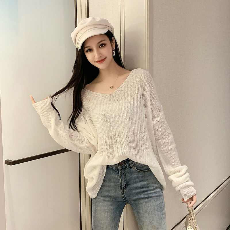 실사 가을 홀로우 아웃 얇은 스타일 외국 가스 연령 감소 니트 스웨터 여성 V넥 루즈핏 느긋한 바람 다용도 맨위