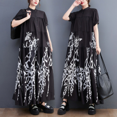 批发实拍韩版夏新款短袖宽松<b class='q'>大码</b>时尚印花显瘦中长款连衣裙