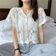 批发实拍2026夏季韩版新款宽松单排扣短款ins镂空性感短袖开衫蕾丝衫