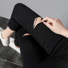 批发5560#实拍 八分<b class='q'>破洞</b>毛边不规则春秋新款修身<b class='q'>打底裤</b>高腰紧身女裤子