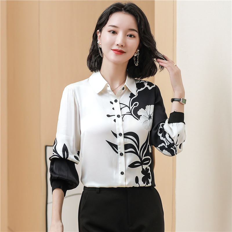 MY13554# 白色重磅真丝衬衫新款时尚撞色印花长袖桑蚕丝上衣女裝貨源服...