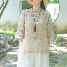 批发2025<b class='q'>春</b>夏新款中国风苎麻复古女上衣民族风印花盘扣棉麻七分袖衬衫