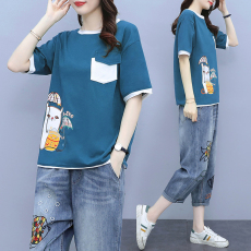 批发牛仔阔腿裤<b class='q'>套</b>装文艺复古2026夏新款搭配t恤<b class='q'>女</b>大码宽松显瘦两件套