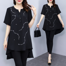 批发实拍2022夏新款大码女装前短后长刺绣T恤遮肉显瘦上衣