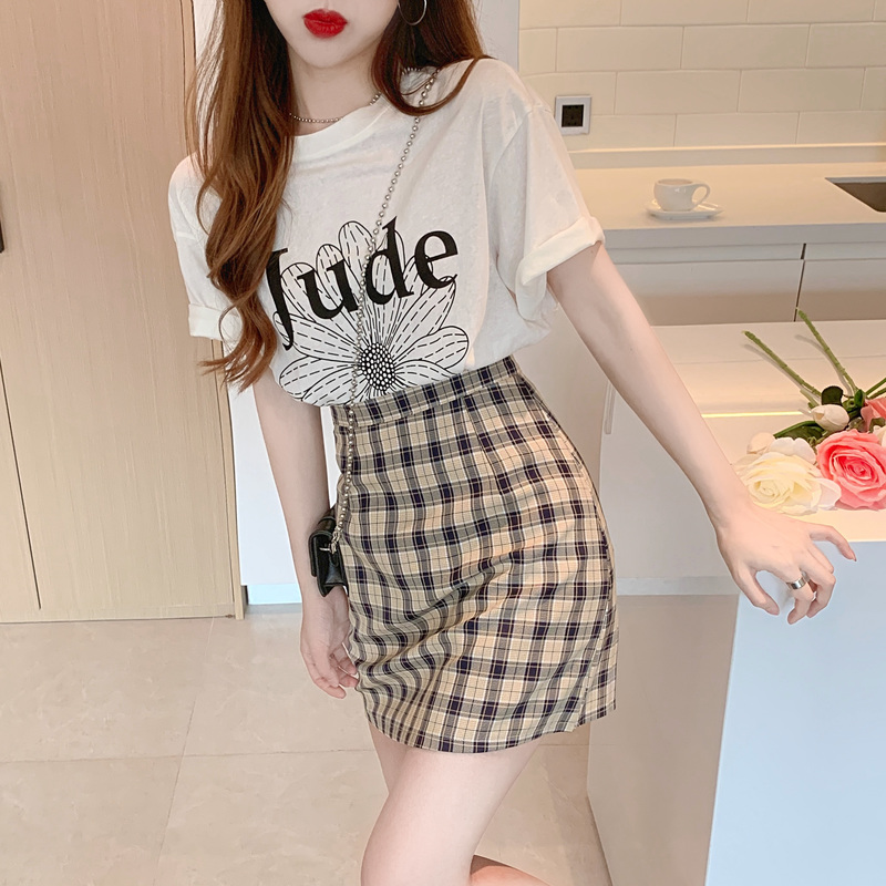MY7977# 时尚套装印花T恤高腰显瘦格子短裙夏季新款女女裝貨源服裝批發