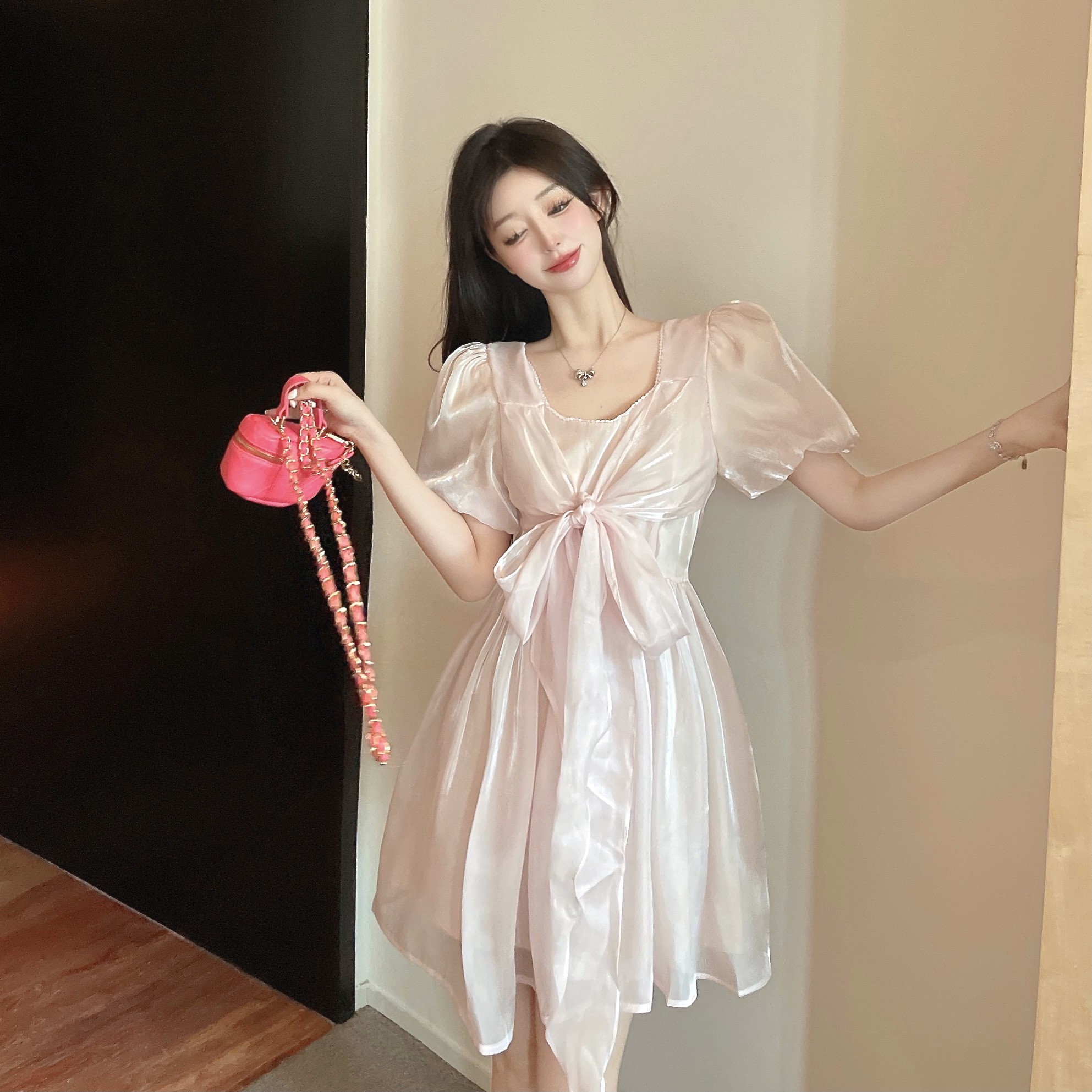실사 슈퍼 요정 프랑스식 작은 대중 무거운 작업 깃발 나비 매듭 드레스 여름 루즈핏 핑크색 외국 가스 드레스