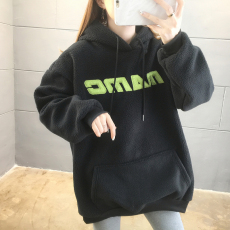 批发实拍羊羔绒秋季2021羊羔绒字母印花加绒连帽长袖卫衣女