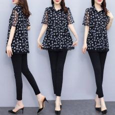 批发2022夏新款网纱<b class='q'>印花</b>短袖T恤加肥加大码宽松显瘦遮肚子V领上衣女