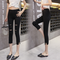 批发实拍2025新款七分九分开叉<b class='q'>破洞</b>夏季女薄裤<b class='q'>打底裤</b>外穿松紧腰女裤子
