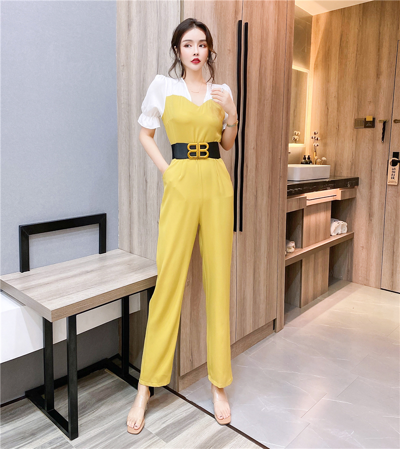 RY2740# 实拍2026夏季时尚洋气V领网红撞色腰带收腰显瘦连体裤长裤