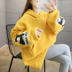 批发实拍羊羔绒秋冬2021连帽可爱卡通贴布长袖加绒卫衣ins女