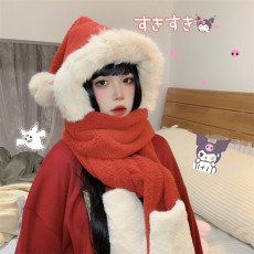批发实拍实价红色帽子围巾一体保暖<b class='q'>可爱</b>圣诞帽
